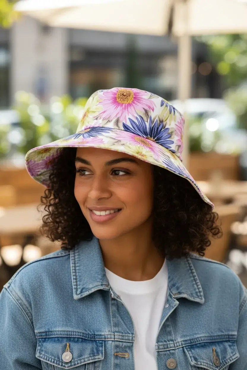 Gerbera Çiçek Desenli Geniş Kenarlı Kadın Plaj Şapkası - Kadın Çiçek Baskılı Pembe Şapka 1322
