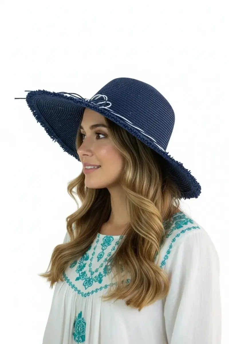 Marin Şıklığı: Lacivert Saçaklı Hasır Kadın Plaj Şapkası - Beyaz İp Detaylı - bay şapkacı 1299