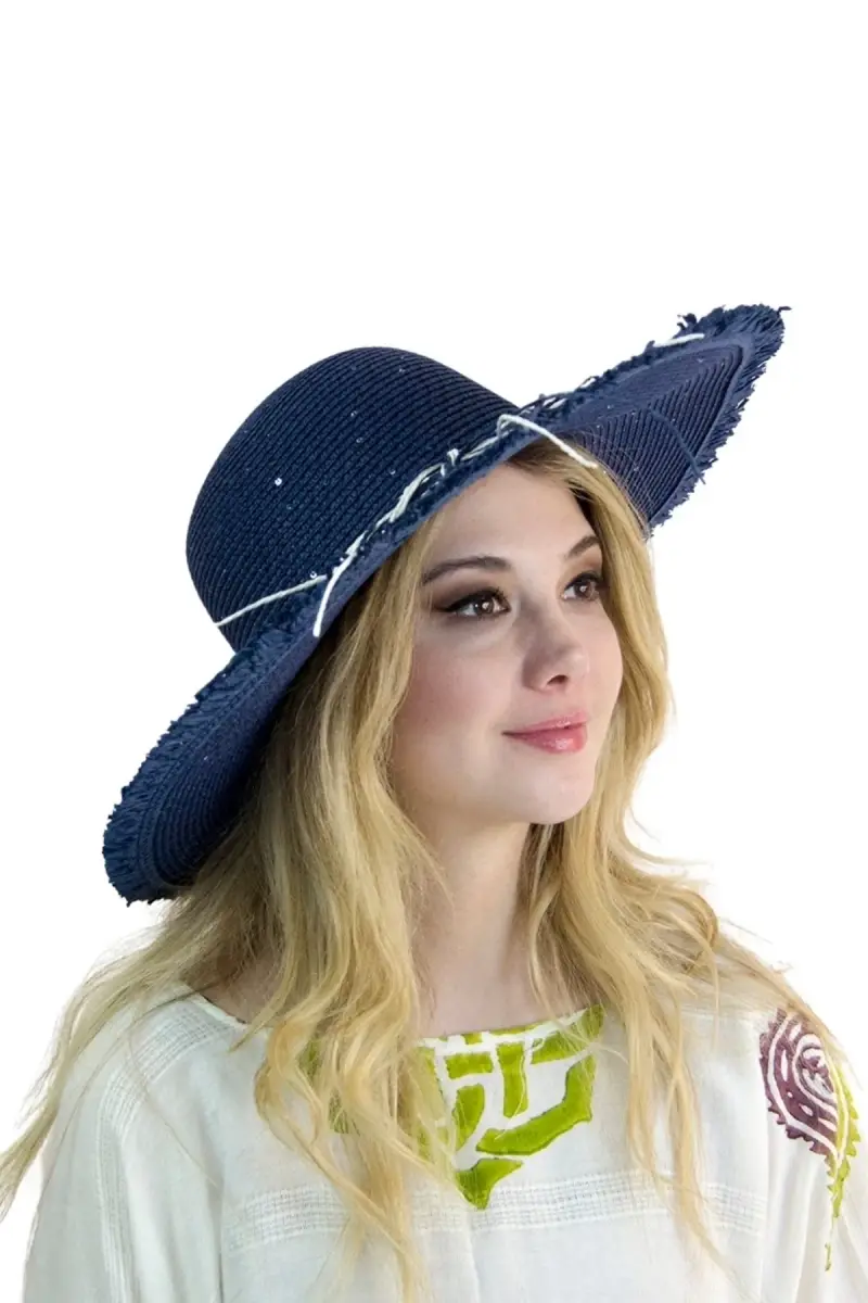 Marin Şıklığı: Lacivert Saçaklı Hasır Kadın Plaj Şapkası - Beyaz İp Detaylı - bay şapkacı 1299