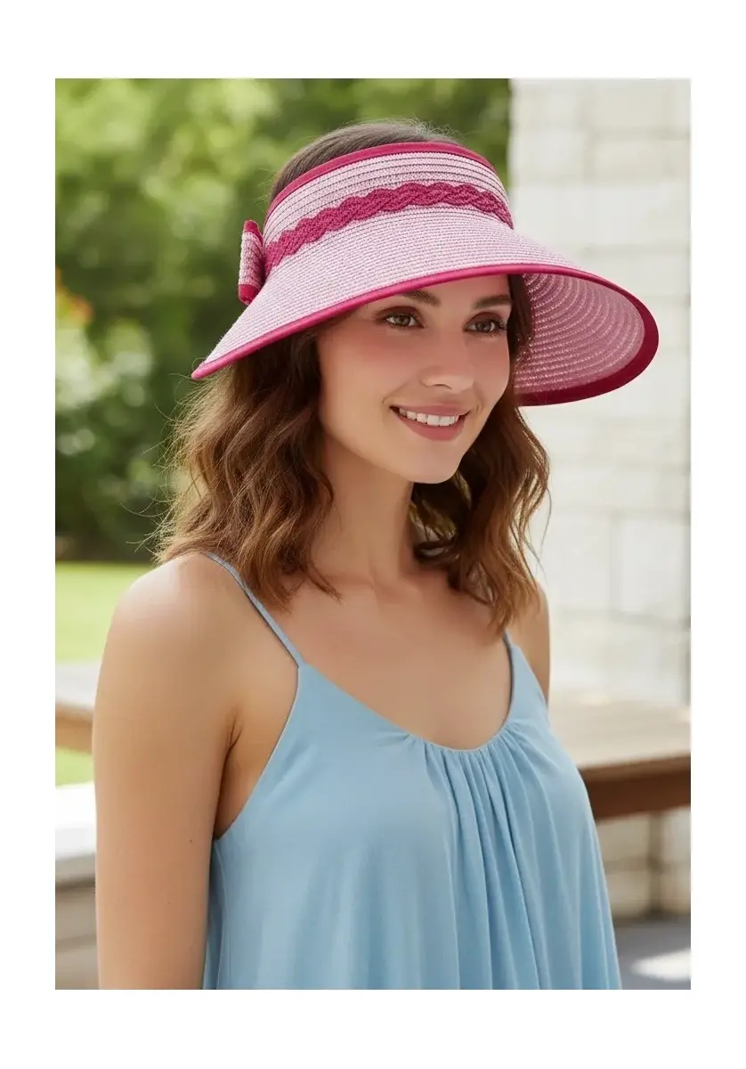 Kırmızı Çiçek Detaylı ve Fiyonklu Kadın Hasır Vizör Şapka - Kadın Siperlik Şapka 3078