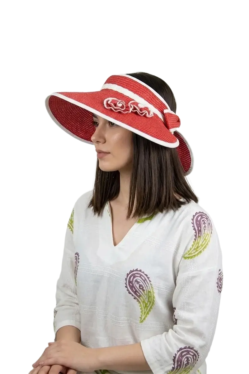 Kırmızı Çiçek Detaylı ve Fiyonklu Kadın Hasır Vizör Şapka - Kadın Siperlik Şapka 3078