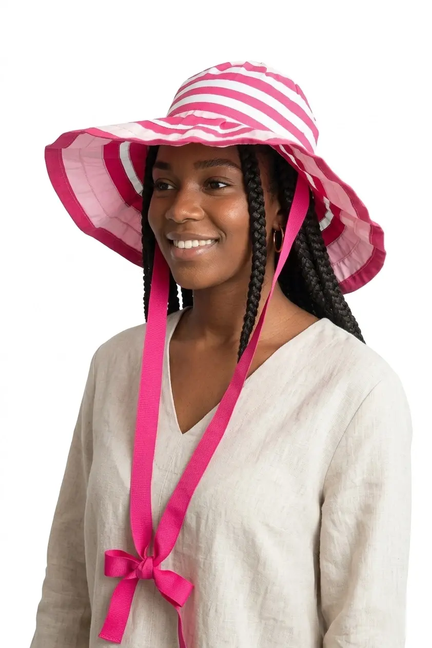 Bay Şapkacı -fuşya-Beyaz Çizgili Geniş Kenarlı Kumaş Plaj Şapkası - Fiyonklu Kurdele Detaylı-5377 Fuşya