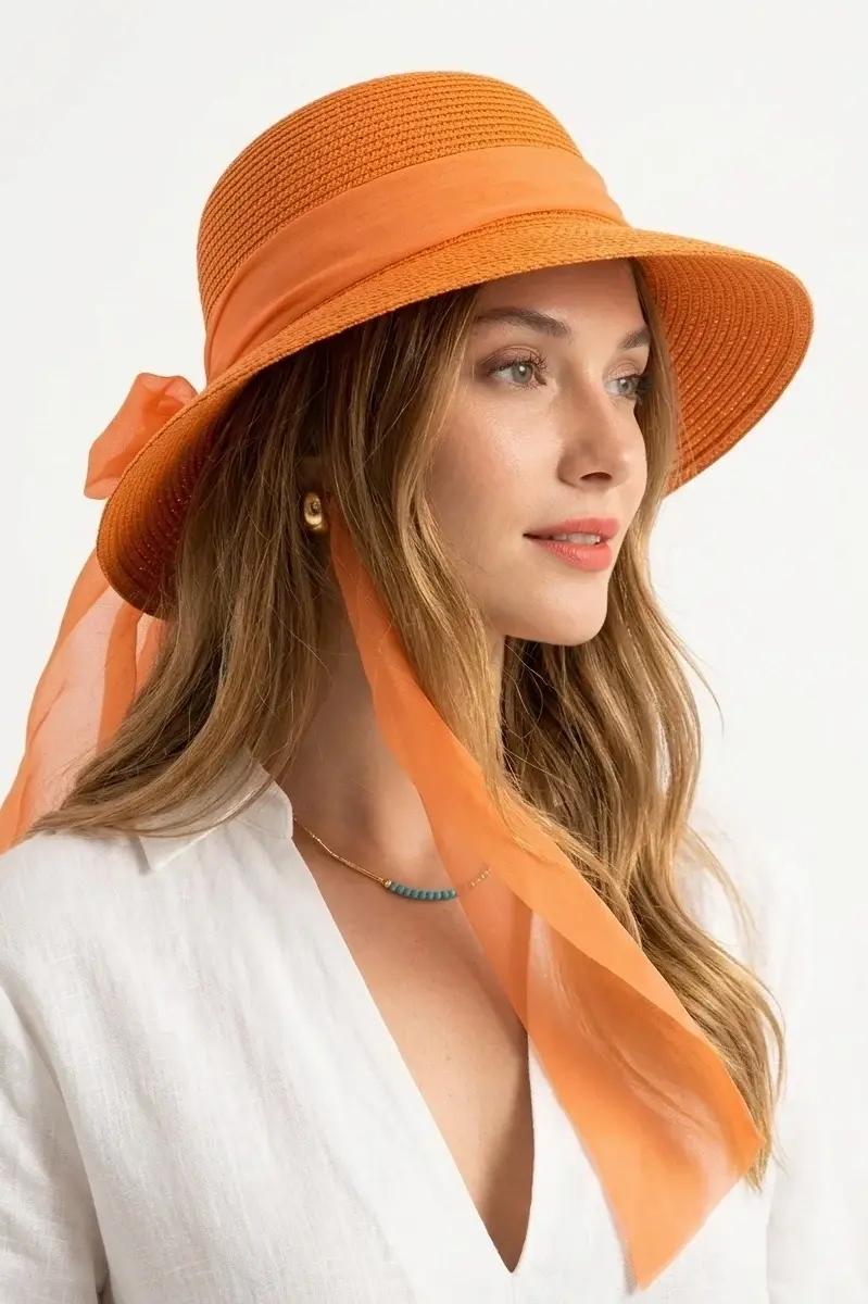 Tüllü Hasır Kadın Şapka Gün Batımı Zarafeti: Şifon Kurdele Detaylı Turuncu Kadın Hasır Plaj Şapkası 1930