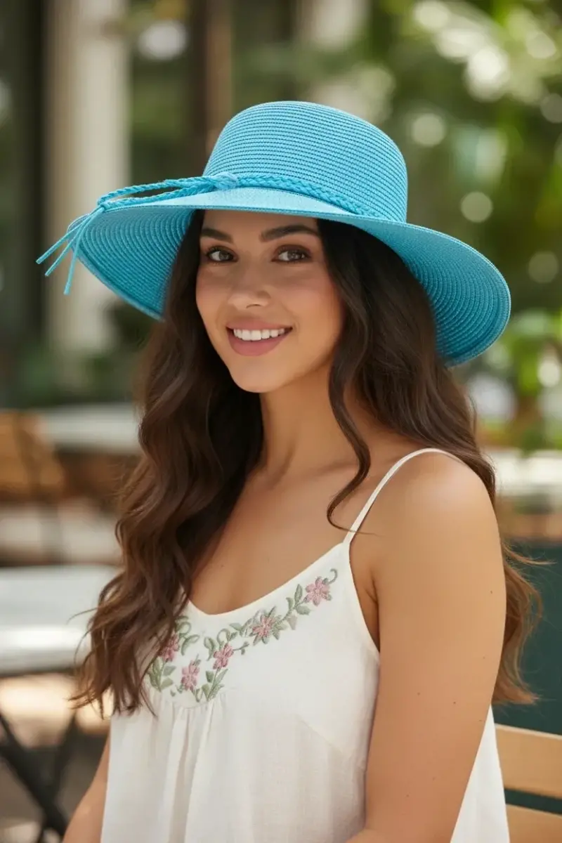 Bağcıklı Kadın Geniş Kenarlı Hasır Şapka - Turkuaz Örgü Şerit Detaylı Geniş Kenarlı Kadın Hasır Plaj Şapkası