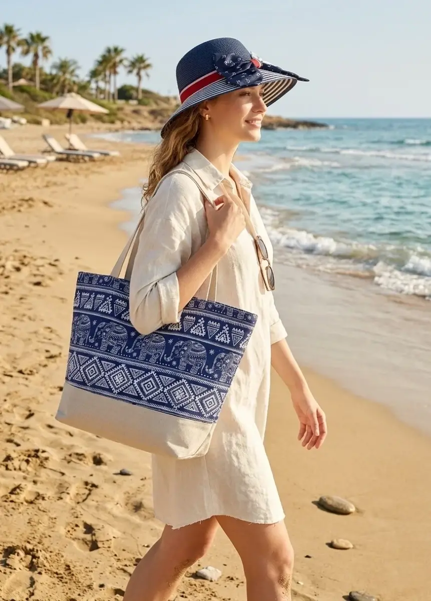 Çapa Detaylı Lacivert Şapka ve Fil Desenli Etnik Plaj Çantası Seti 3852-6507