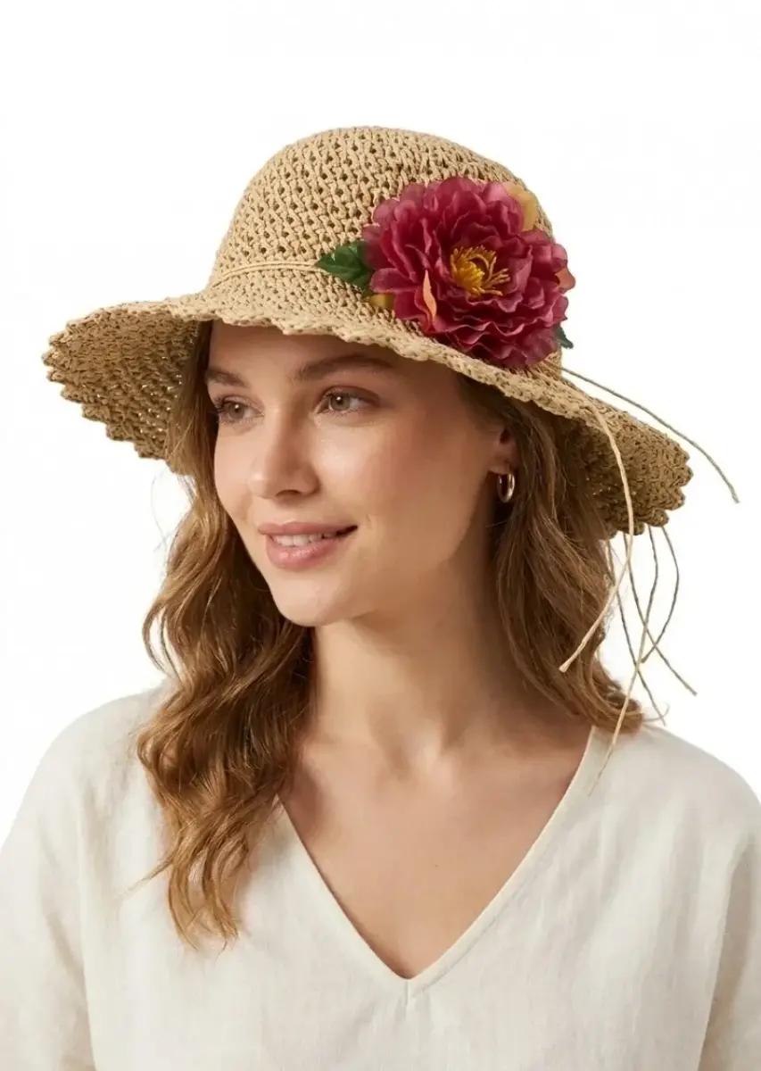 Kadın Hasır Şapka Romantik Bordo Çiçek Detaylı Kadın Hasır Plaj Şapkası - Natürel 1466