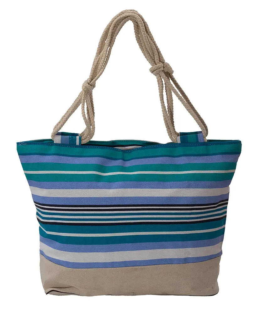 Turkuaz Hasır Plaj Şapkası ve Çizgili Marin Plaj Çantası Seti 2384-6241