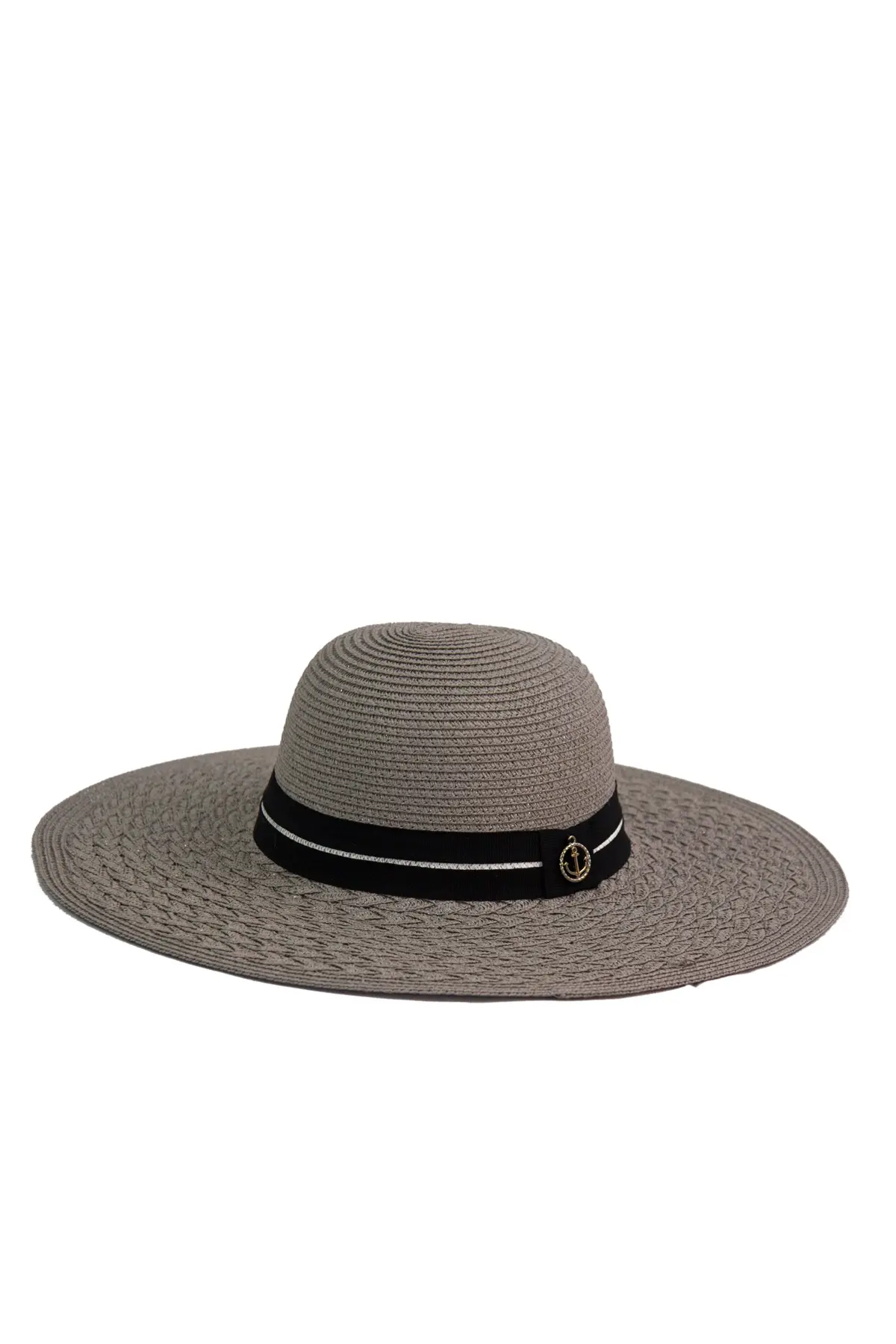 Gümüş Gri Marin Esintili Hasır Şapka ve Siyah-Beyaz Çizgili Plaj Çantası Seti  6240-1928