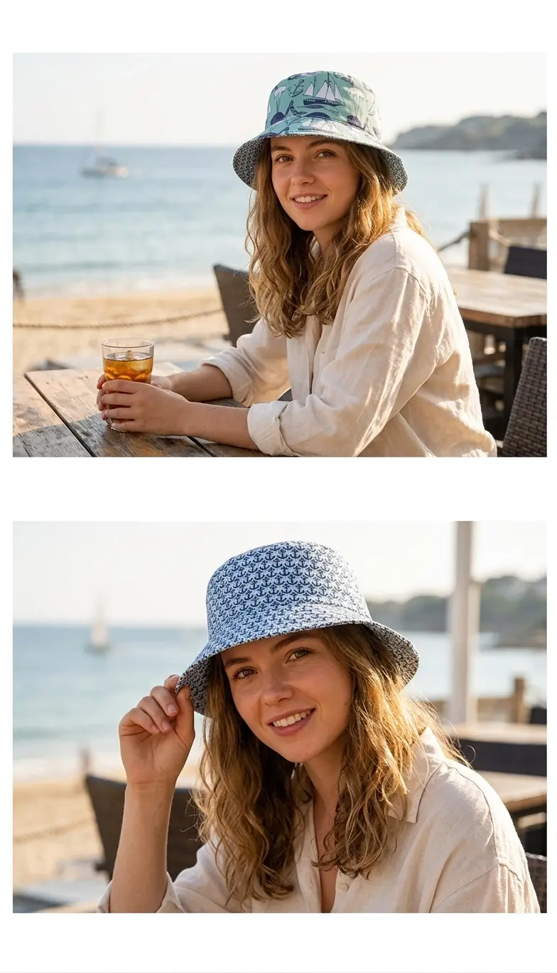 Çift Taraflı Denizci Desenli Bucket Şapka | Balina ve Çapa Detaylı -9906