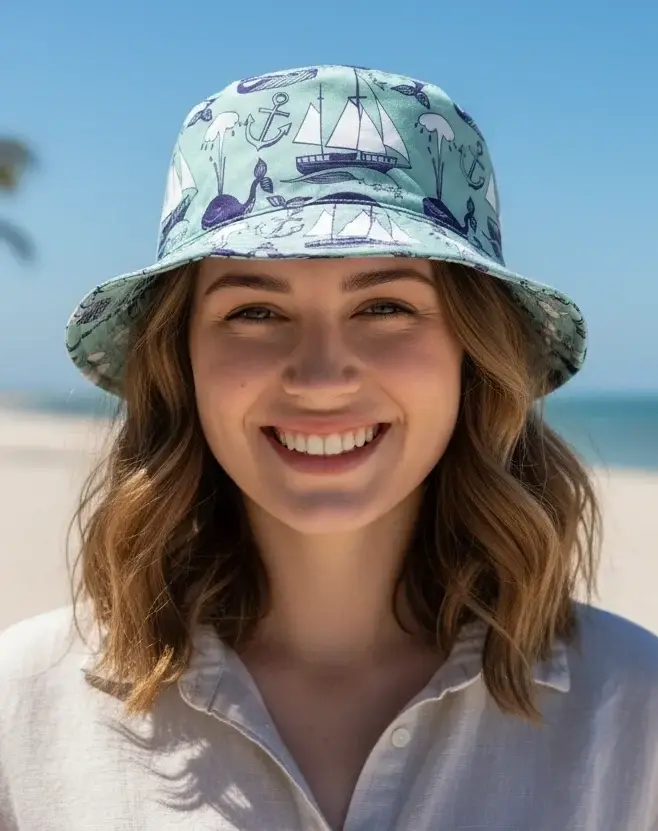 Çift Taraflı Denizci Desenli Bucket Şapka | Balina ve Çapa Detaylı -9906