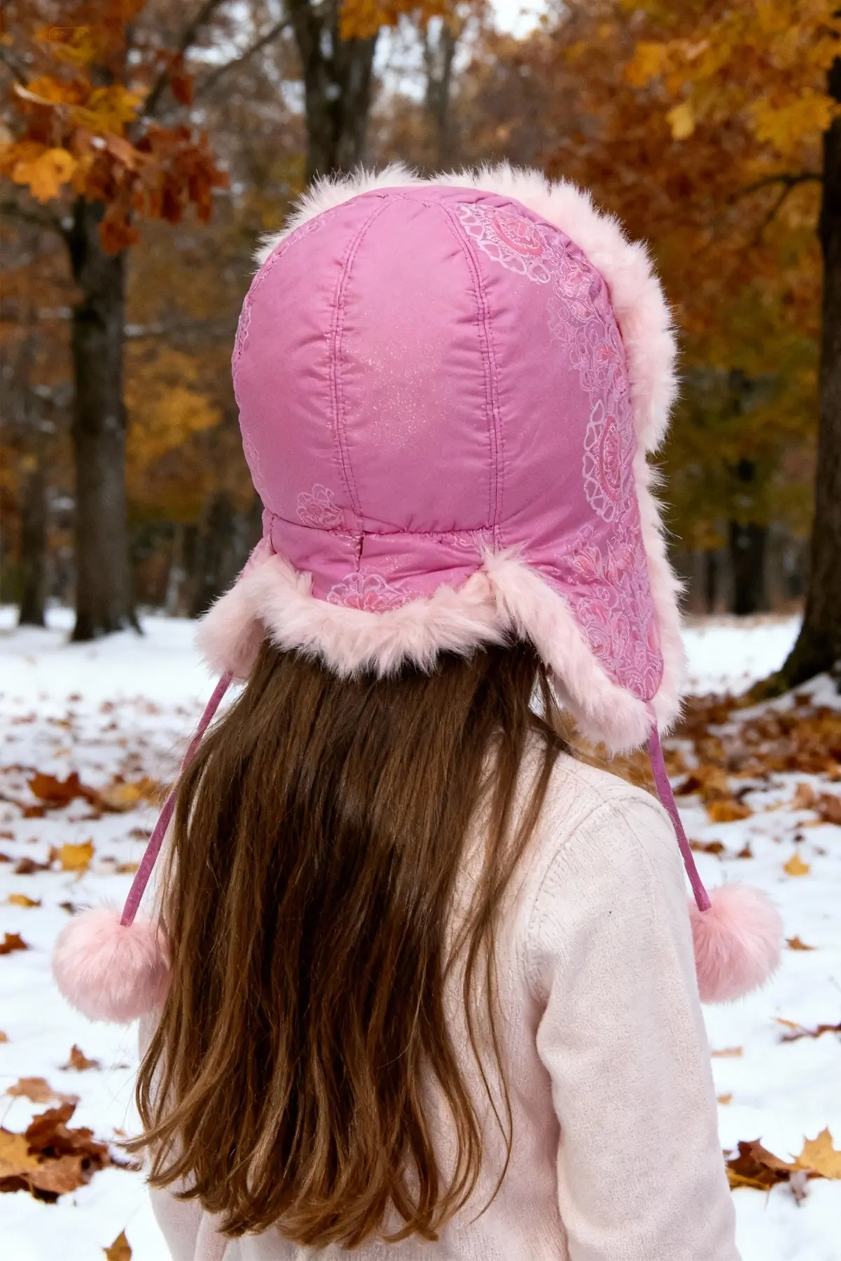bay şapkacı - Kız Çocuk Kışlık Şapka Kürklü Ponponlu Desenli Pembe Pilot Şapkası