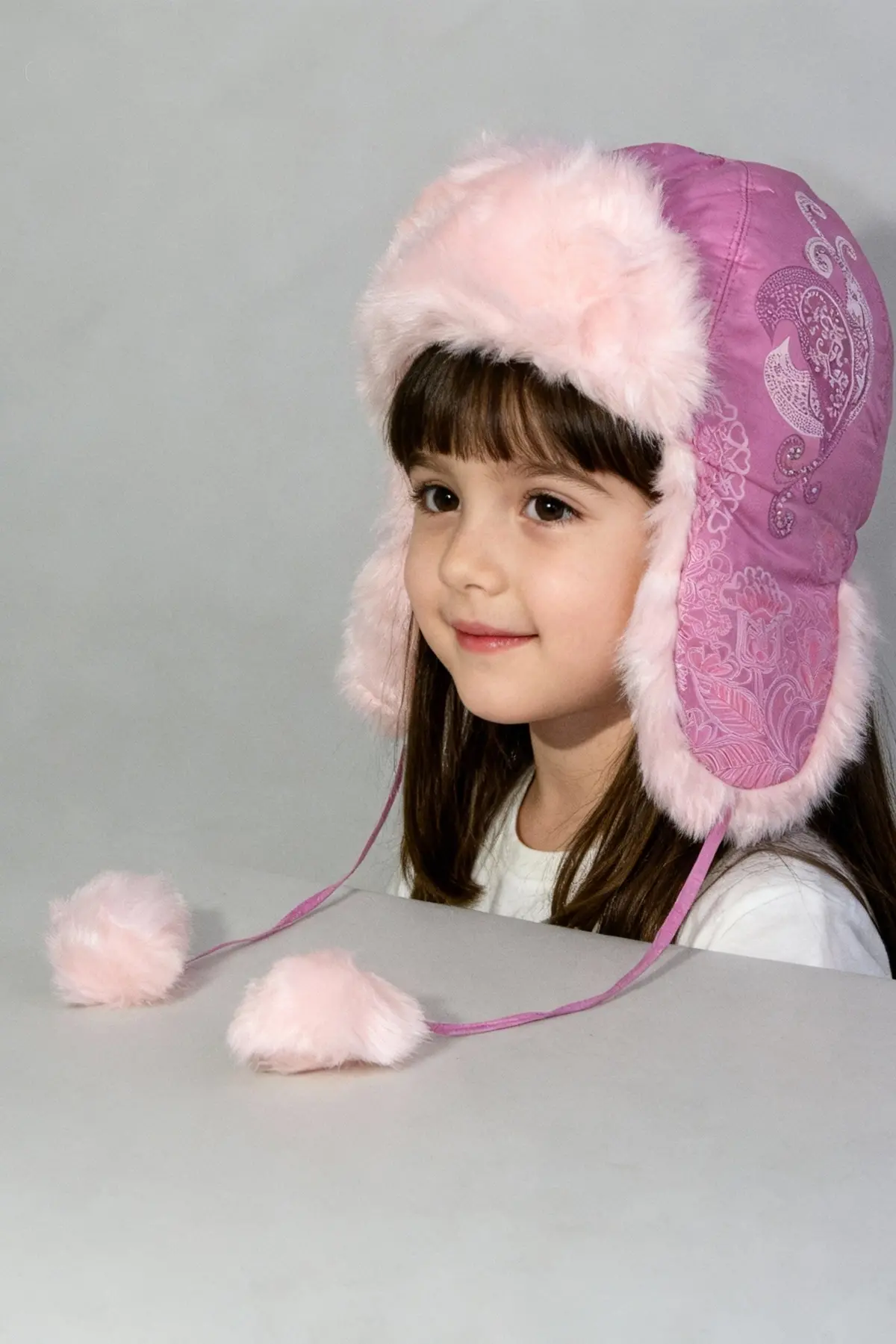 bay şapkacı - Kız Çocuk Kışlık Şapka Kürklü Ponponlu Desenli Pembe Pilot Şapkası