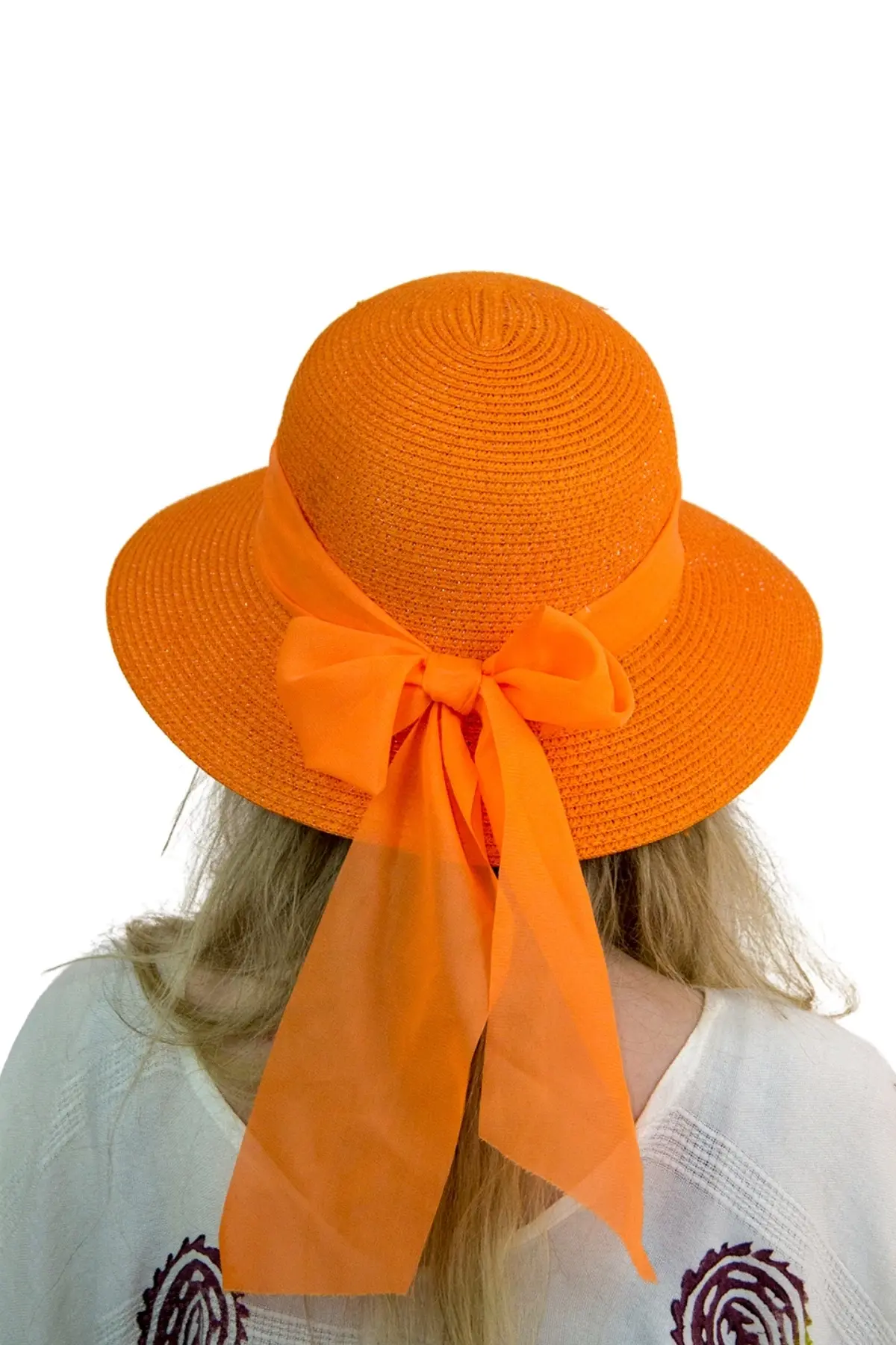 Tüllü Hasır Kadın Şapka Gün Batımı Zarafeti: Şifon Kurdele Detaylı Turuncu Kadın Hasır Plaj Şapkası 1930