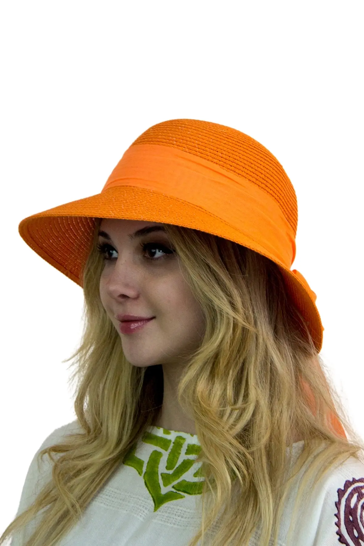 Tüllü Hasır Kadın Şapka Gün Batımı Zarafeti: Şifon Kurdele Detaylı Turuncu Kadın Hasır Plaj Şapkası 1930