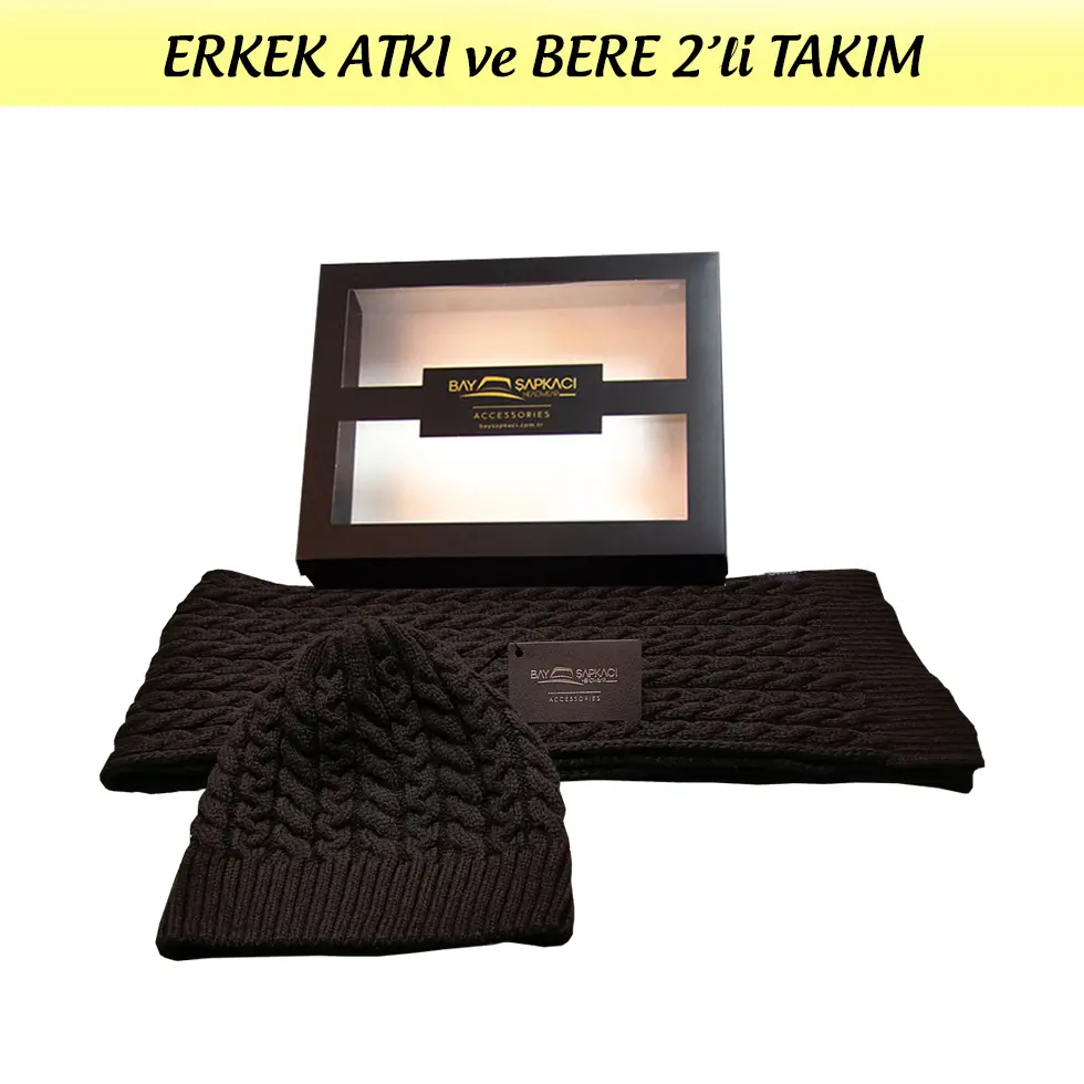 Erkek Atkı ve Bere 2li Takım Siyah 7569