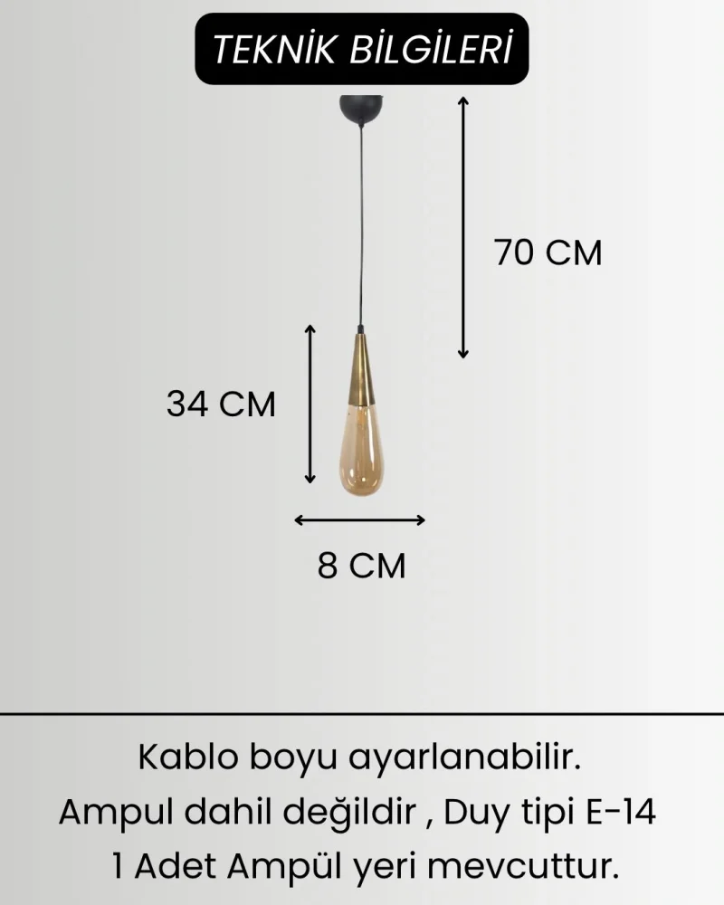 Damla Bal Cam Eskitme Metal Gövde Her Alana Uygun Lüks Dekoratif Tekli Sarkıt Avize