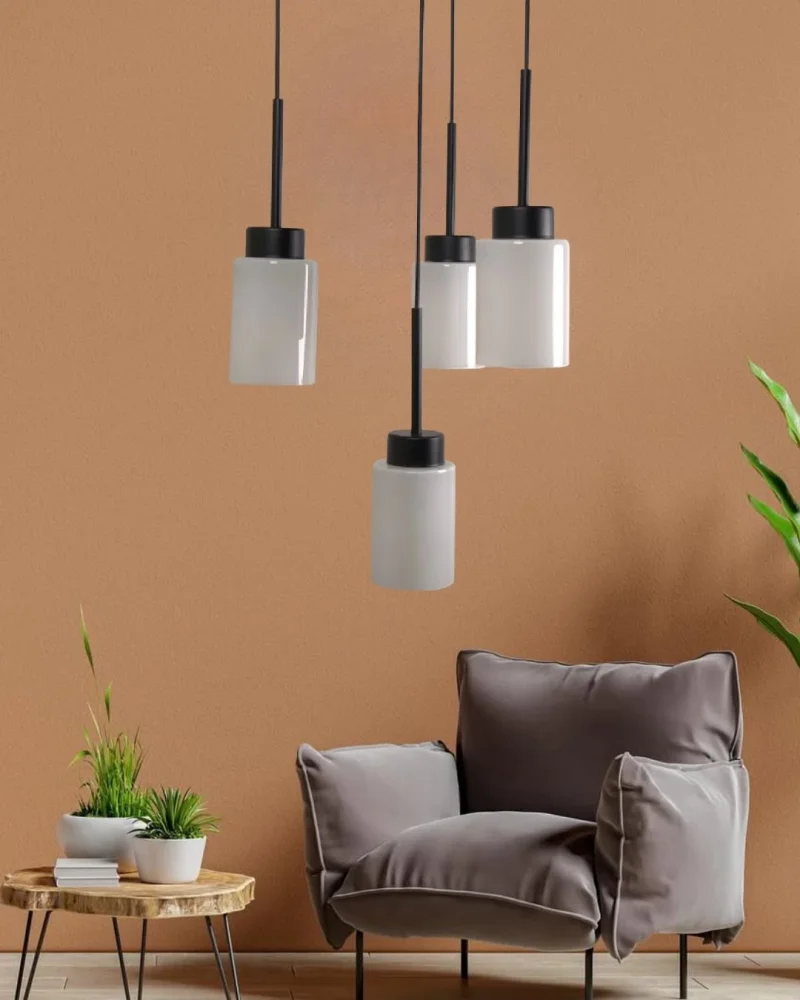 Aristo 4Lü Beyaz Cam Siyah Metal Gövde Modern, Lüks Dekoratif Sarkıt Avize