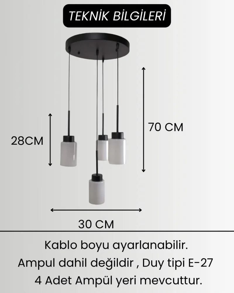 Aristo 4Lü Beyaz Cam Siyah Metal Gövde Modern, Lüks Dekoratif Sarkıt Avize