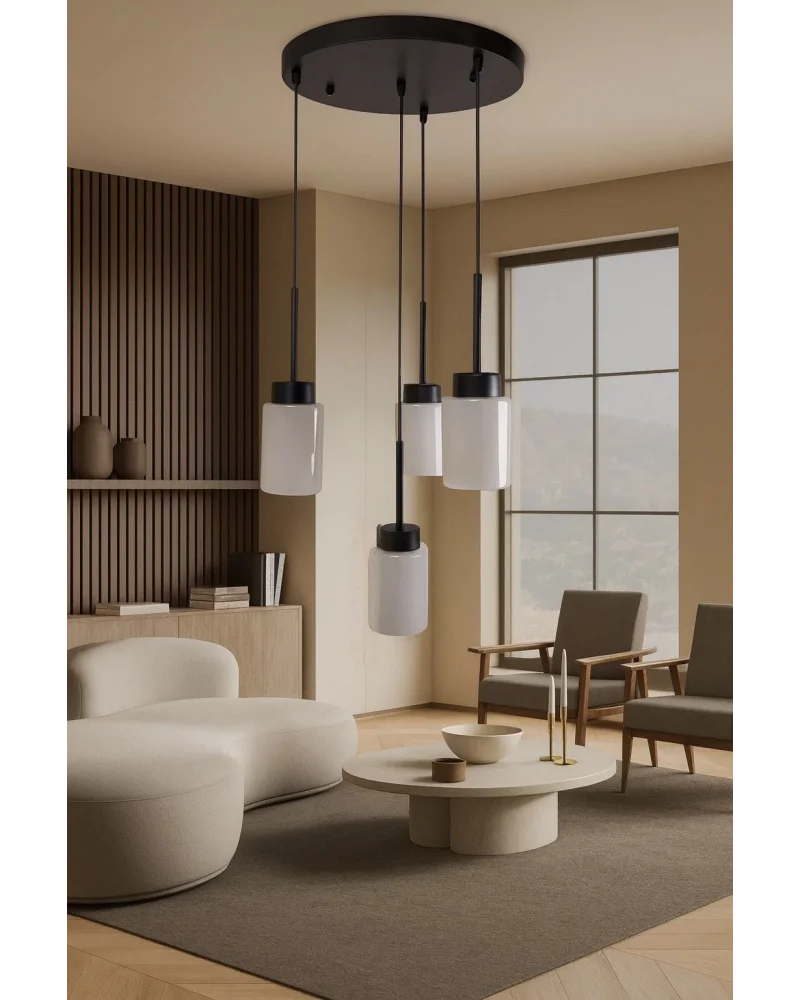 Aristo 4Lü Beyaz Cam Siyah Metal Gövde Modern, Lüks Dekoratif Sarkıt Avize