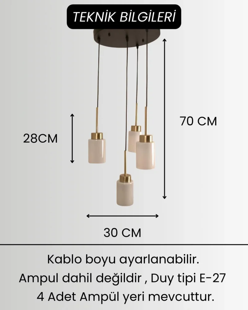 Aristo 4Lü Beyaz Cam Eskitme Metal Gövde Modern, Lüks Dekoratif Sarkıt Avize