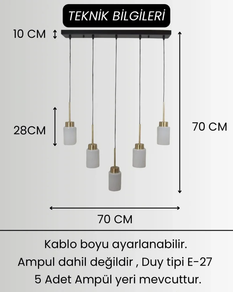 Aristo 5li Sıralı Beyaz Cam Eskitme Modern Sarkıt Avize