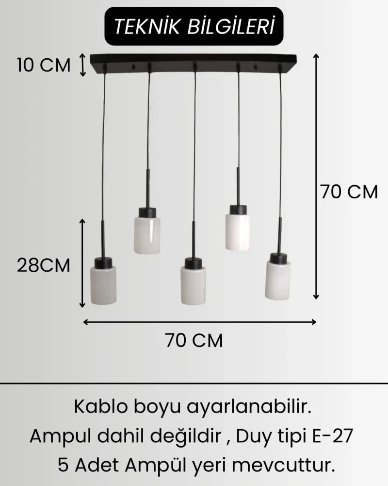 Aristo 5li Sıralı Beyaz Cam Siyah Modern Sarkıt Avize