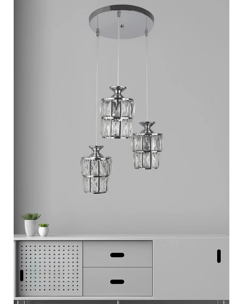 Astra 3lü Krom Kaplama Kristal Taşlı Lüks Avize