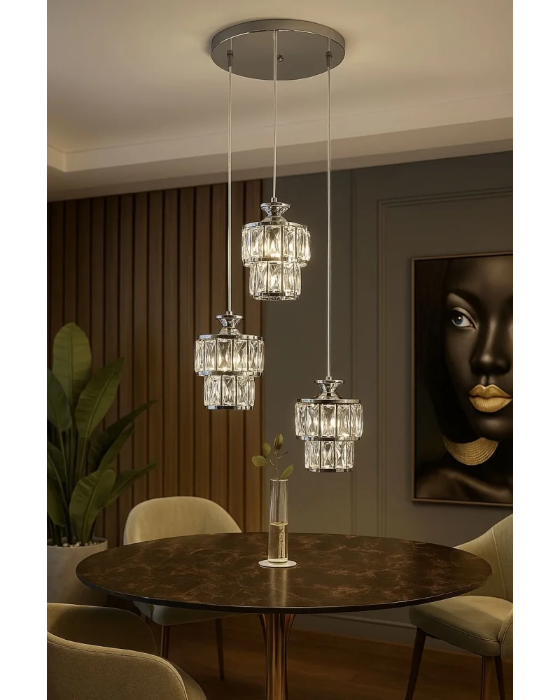 Astra 3lü Krom Kaplama Kristal Taşlı Lüks Avize