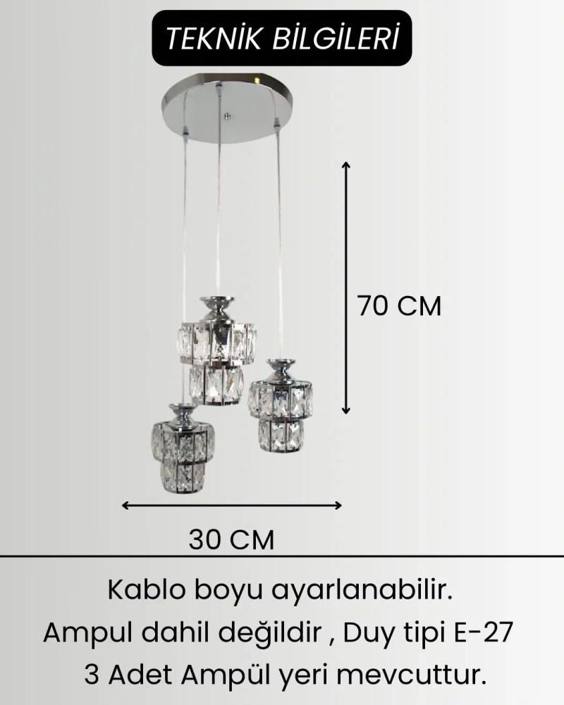 Astra 3lü Krom Kaplama Kristal Taşlı Lüks Avize
