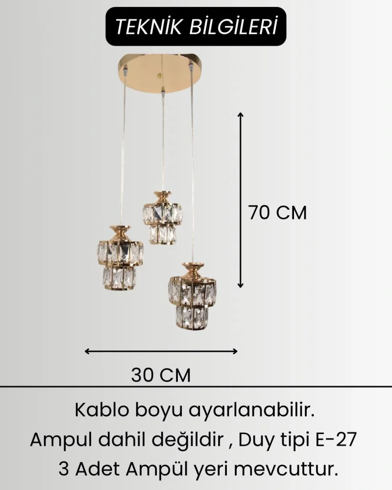 Astra 3lü Gold Kaplama Kristal Taşlı Lüks Avize