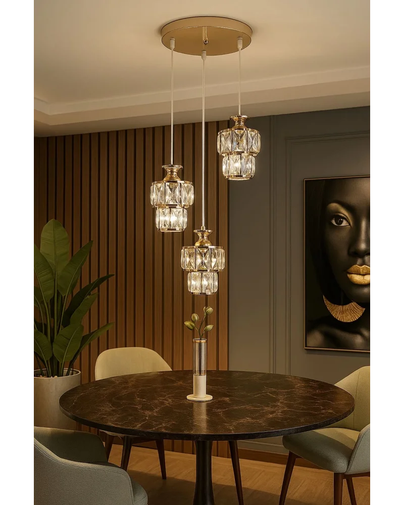 Astra 3lü Gold Kaplama Kristal Taşlı Lüks Avize