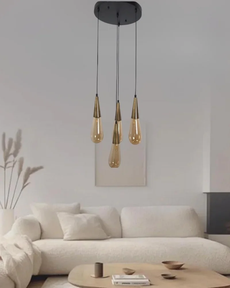 Damla Bal Cam 4Lü Eskitme Yuvarlak Modern Sarkıt Avize