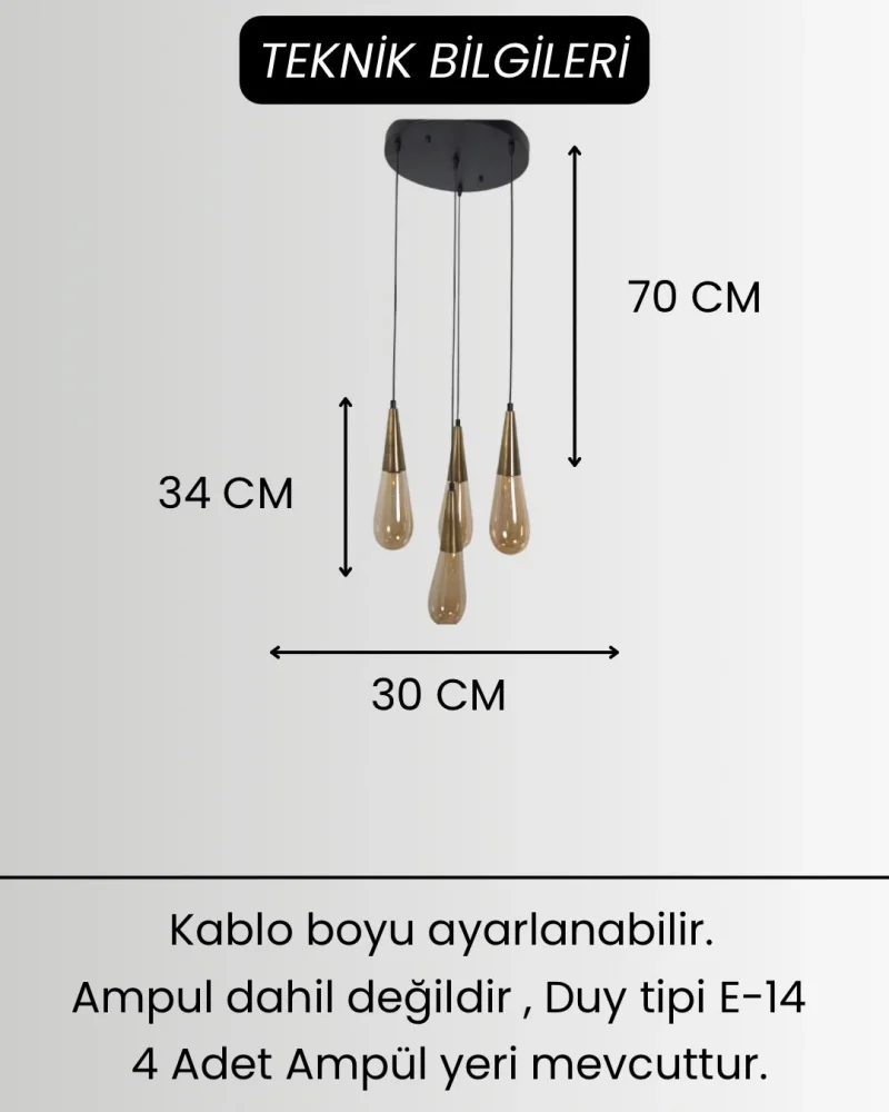 Damla Bal Cam 4Lü Eskitme Yuvarlak Modern Sarkıt Avize