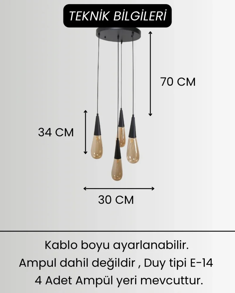Damla Bal Cam 4Lü Siyah Yuvarlak Modern Sarkıt Avize