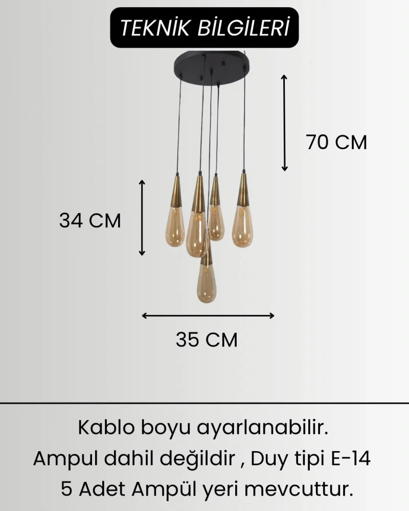 Damla Bal Cam 5li Eskitme Yuvarlak Modern Sarkıt Avize