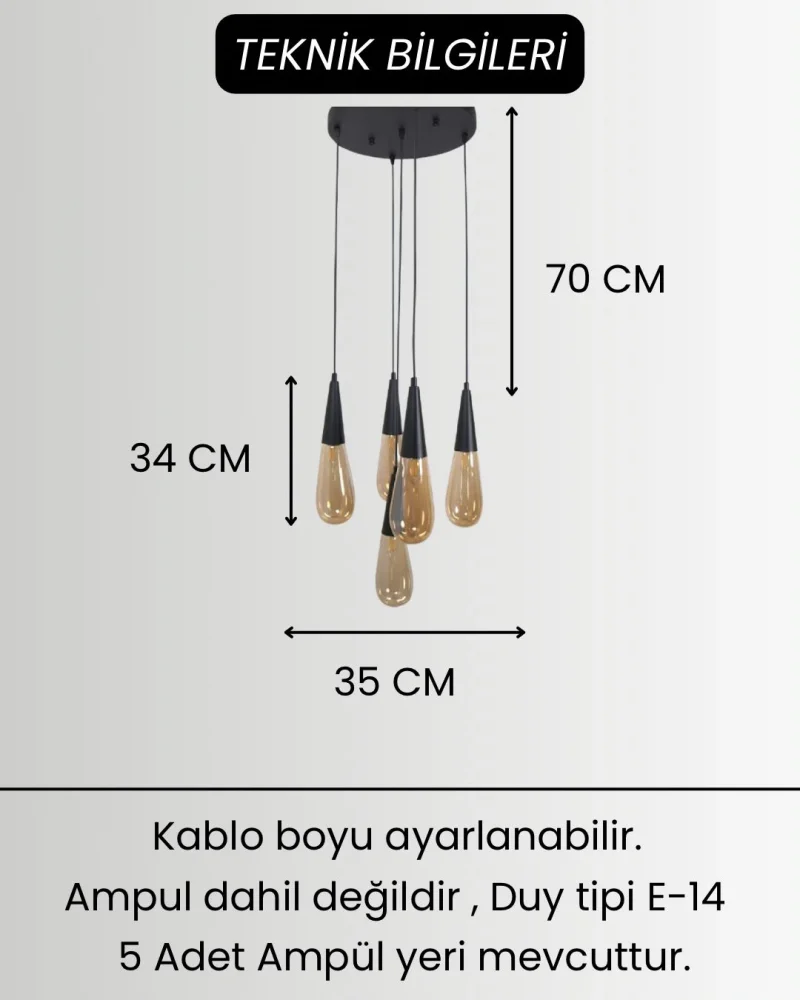 Damla Bal Cam 5li Siyah Yuvarlak Modern Sarkıt Avize