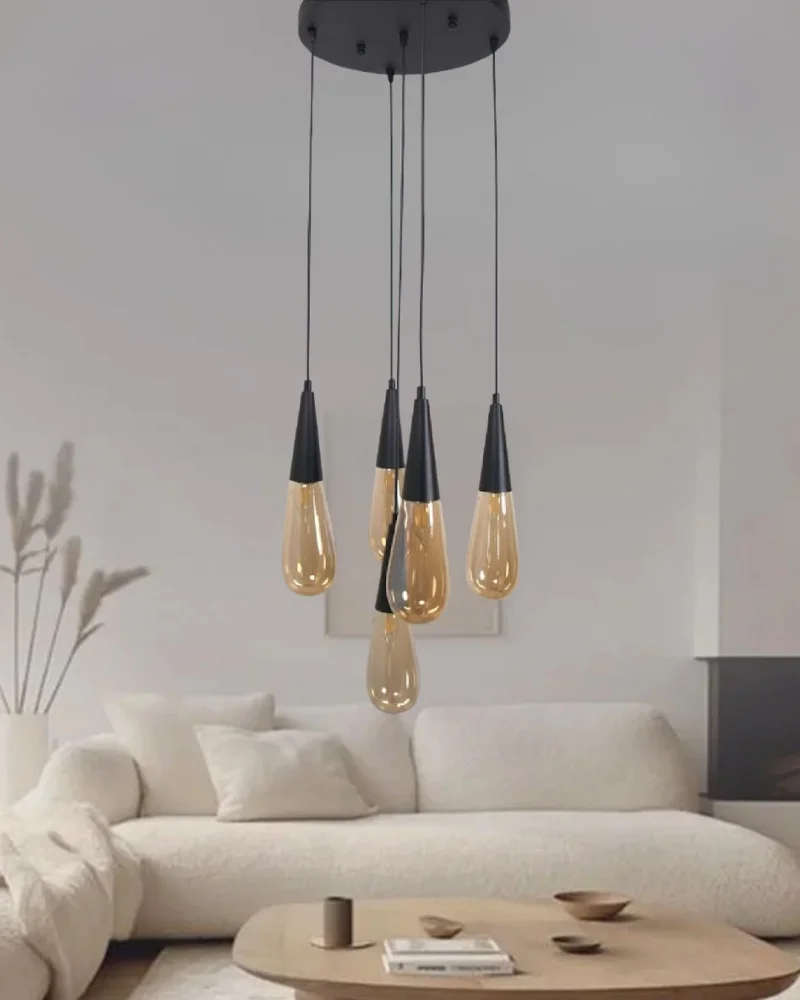 Damla Bal Cam 5li Siyah Yuvarlak Modern Sarkıt Avize