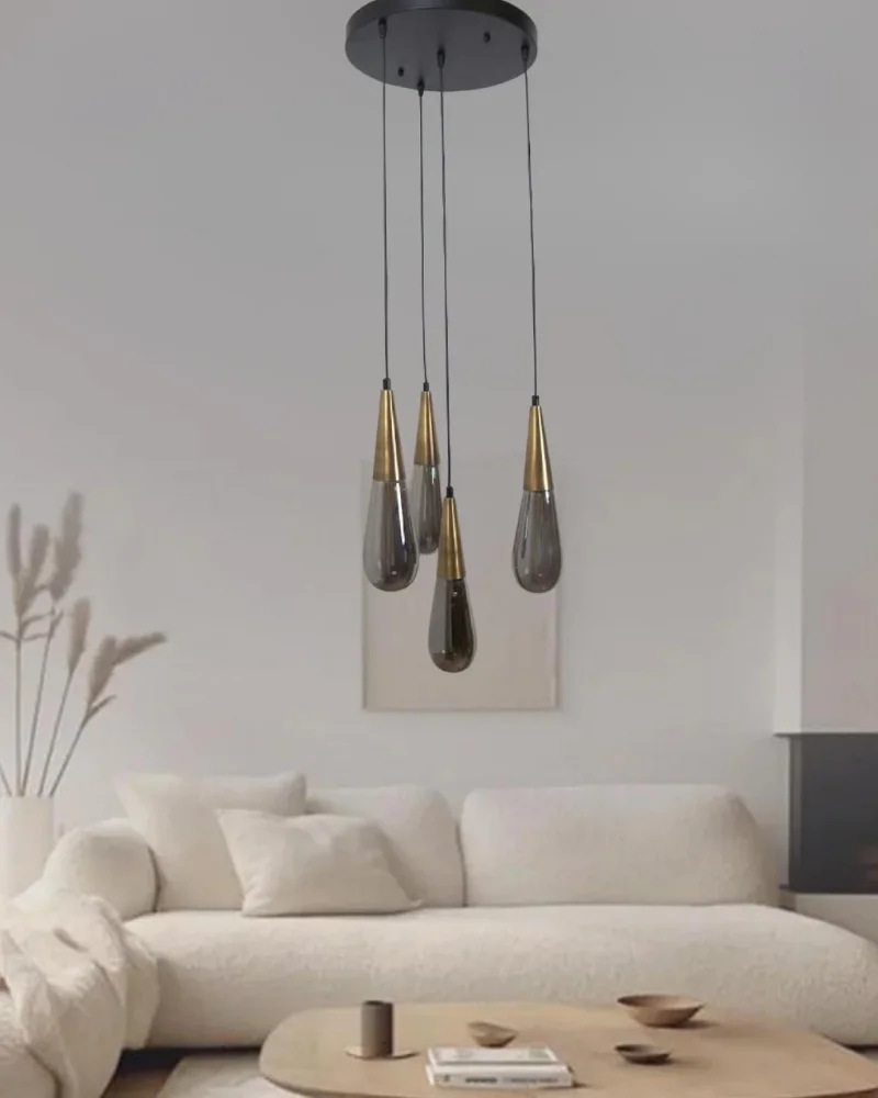 Damla Füme Cam 4Lü Eskitme Yuvarlak Modern Sarkıt Avize