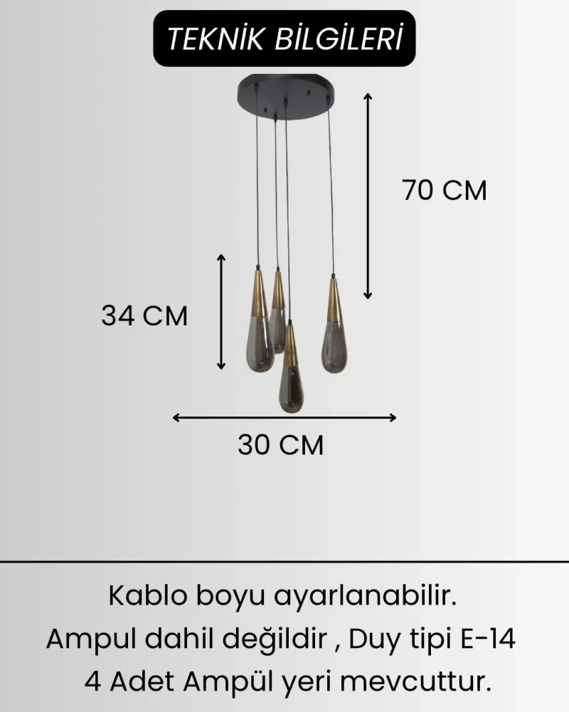 Damla Füme Cam 4Lü Eskitme Yuvarlak Modern Sarkıt Avize