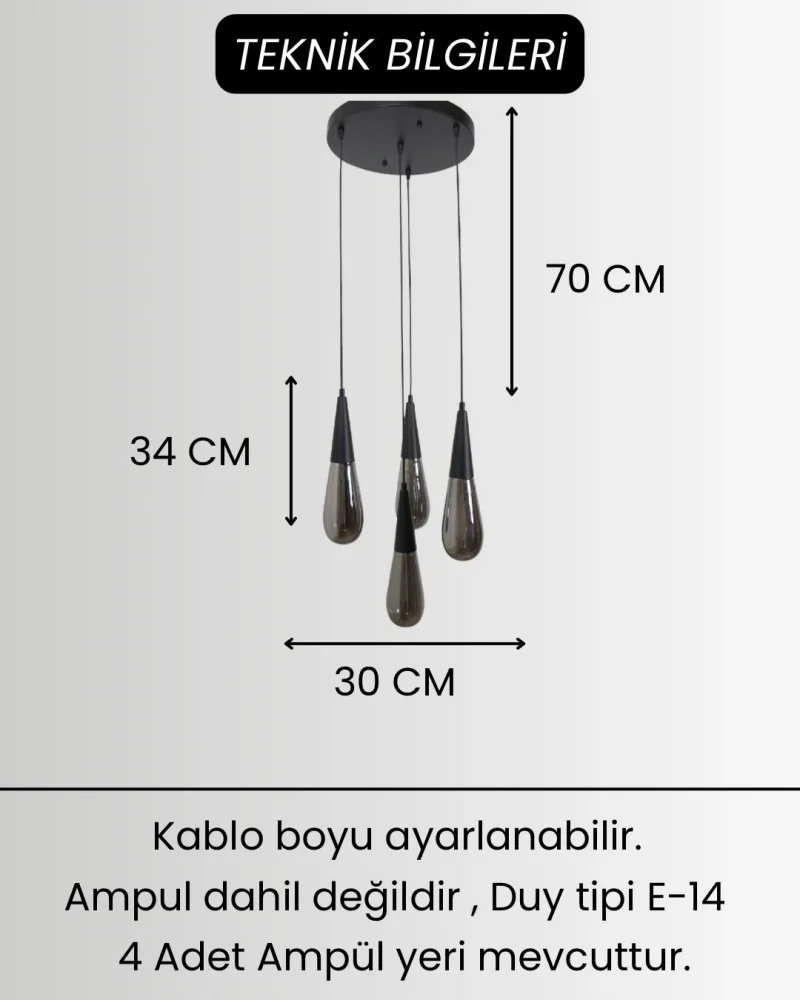 Damla Füme Cam 4Lü Siyah Yuvarlak Modern Sarkıt Avize