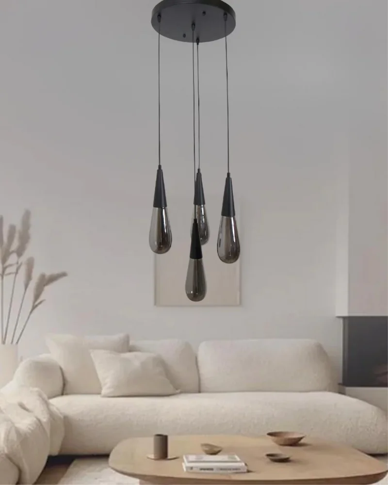 Damla Füme Cam 4Lü Siyah Yuvarlak Modern Sarkıt Avize