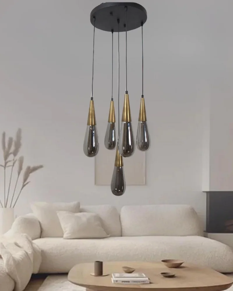 Damla Füme Cam 5li Eskitme Yuvarlak Modern Sarkıt Avize