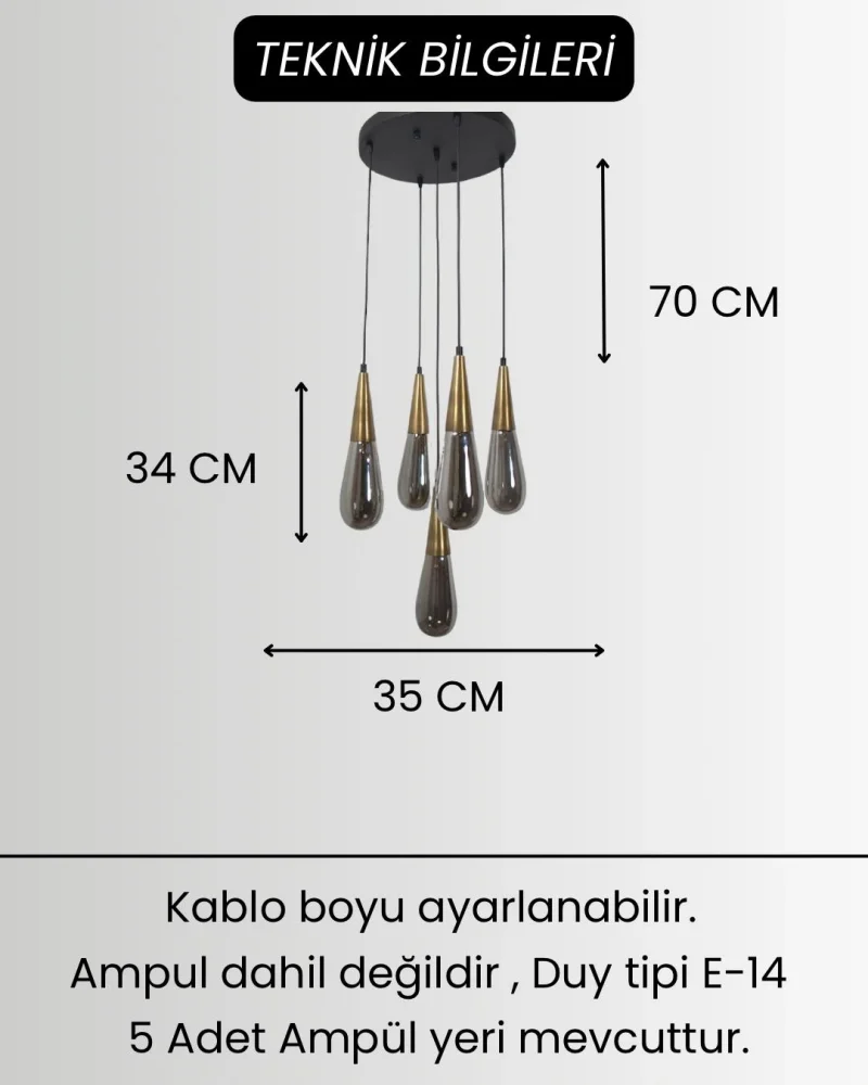Damla Füme Cam 5li Eskitme Yuvarlak Modern Sarkıt Avize