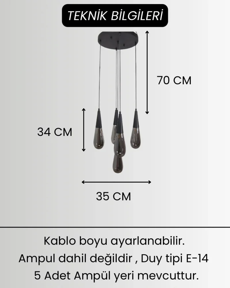 Damla Füme Cam 5li Siyah Yuvarlak Modern Sarkıt Avize