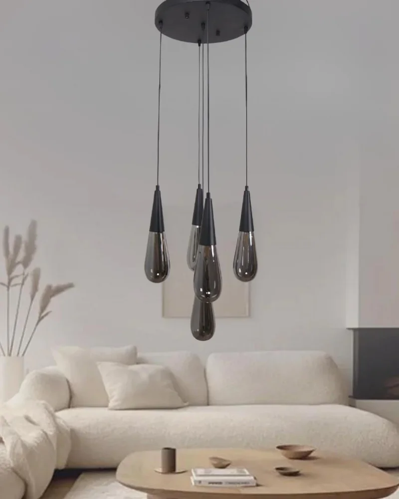 Damla Füme Cam 5li Siyah Yuvarlak Modern Sarkıt Avize