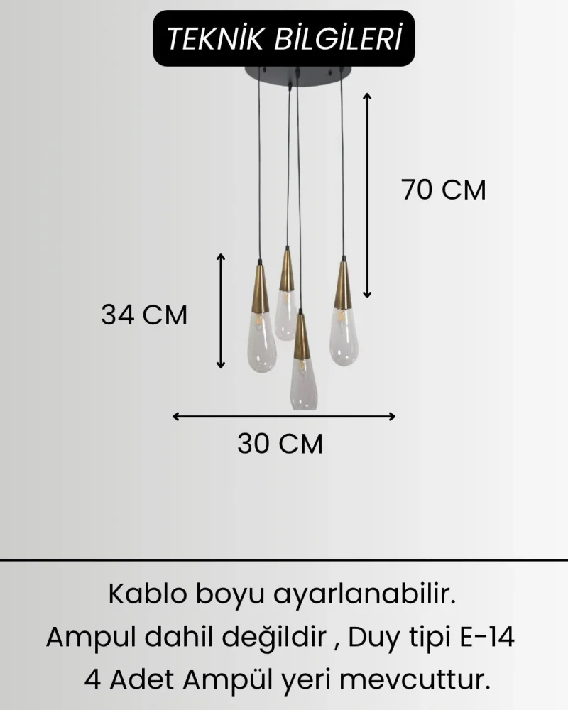 Damla Şeffaf Cam 4Lü Eskitme Yuvarlak Modern Sarkıt Avize