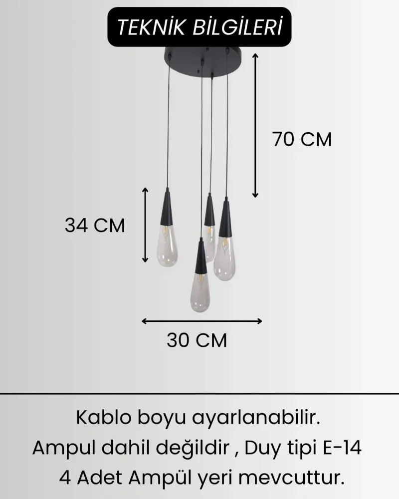Damla Şeffaf Cam 4Lü Siyah Yuvarlak Modern Sarkıt Avize