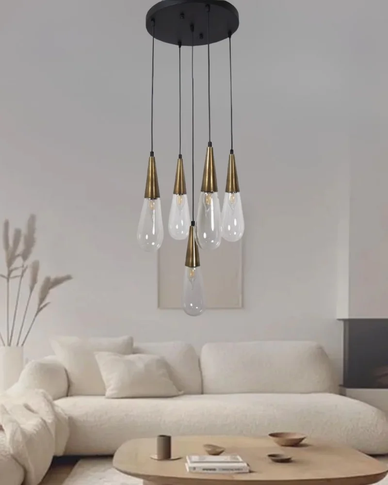 Damla Şeffaf Cam 5li Eskitme Yuvarlak Modern Sarkıt Avize