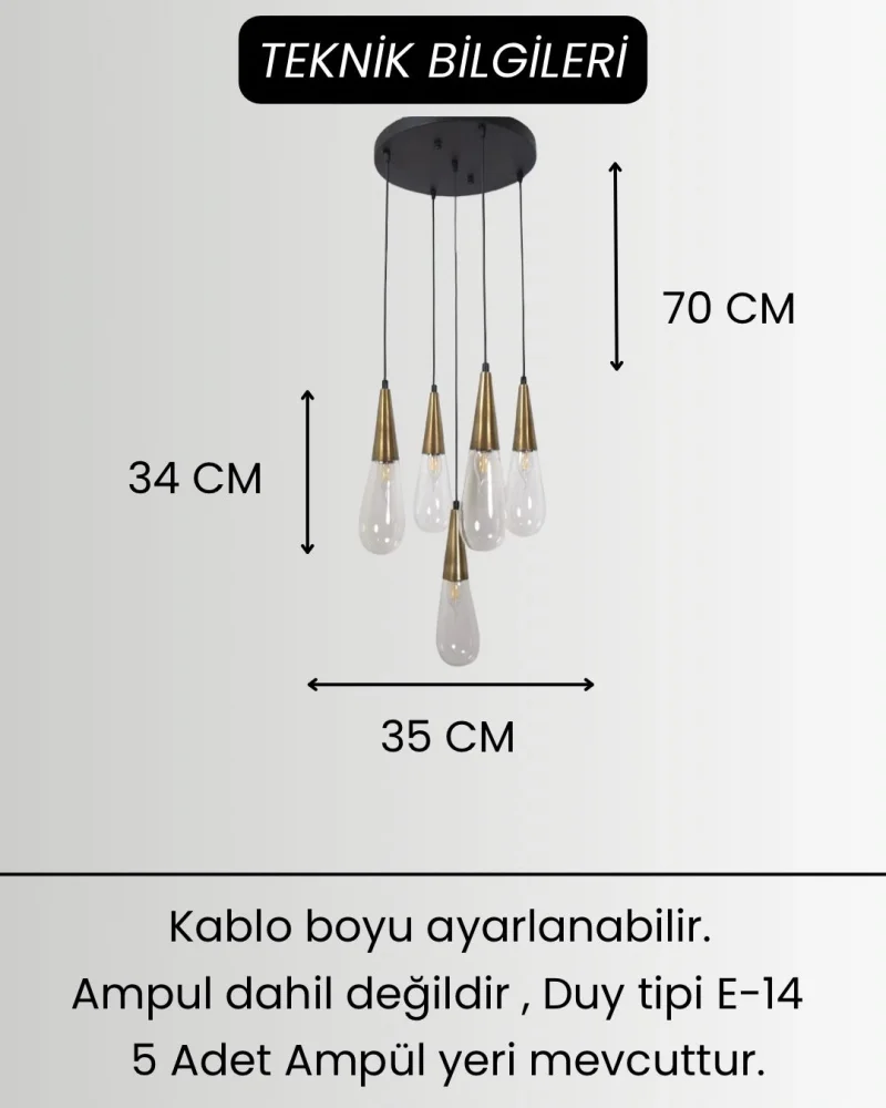 Damla Şeffaf Cam 5li Eskitme Yuvarlak Modern Sarkıt Avize