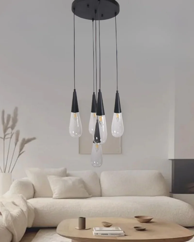 Damla Şeffaf Cam 5li Siyah Yuvarlak Modern Sarkıt Avize